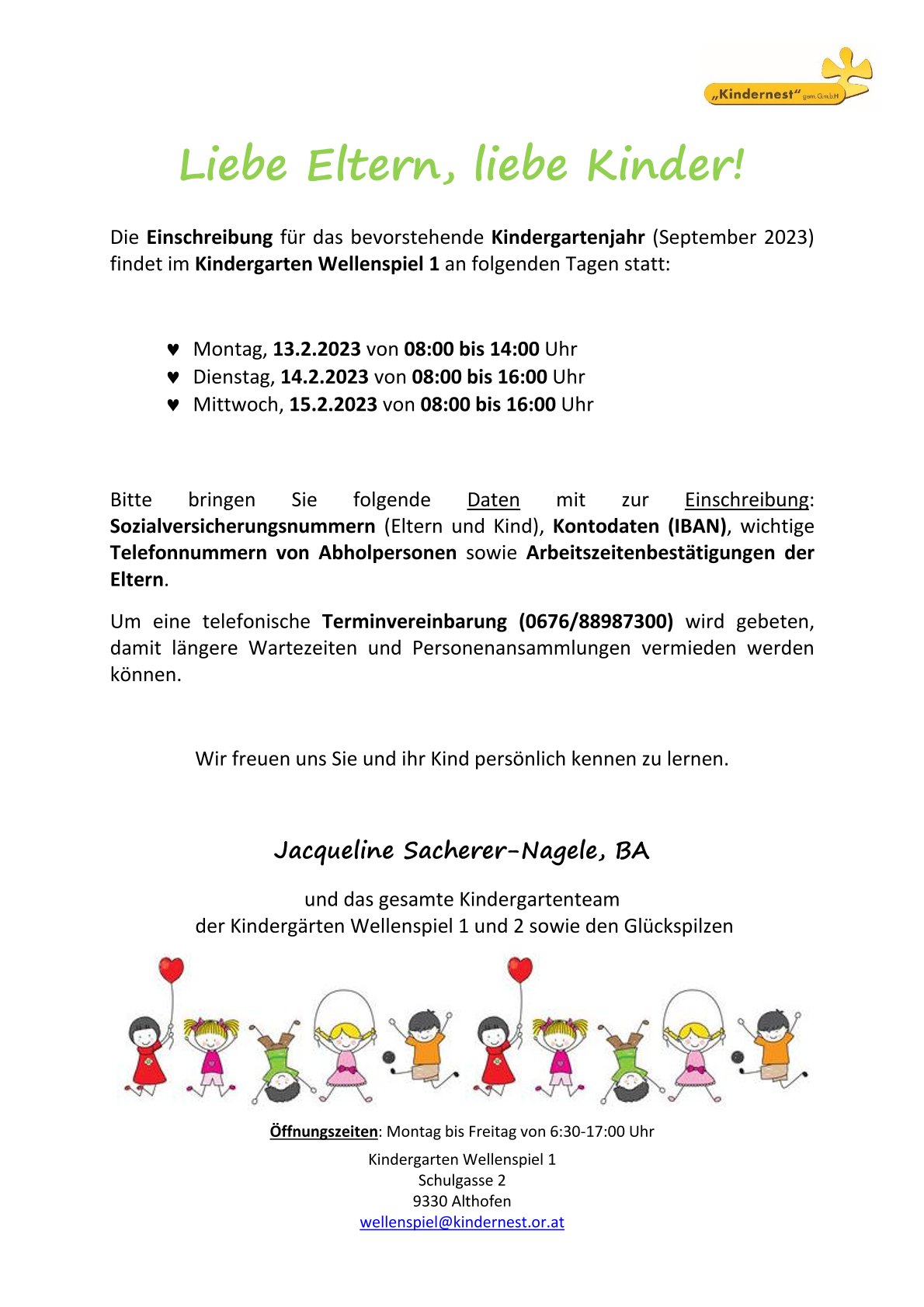 Einschreibung für das Kindergartenjahr (September 2023)